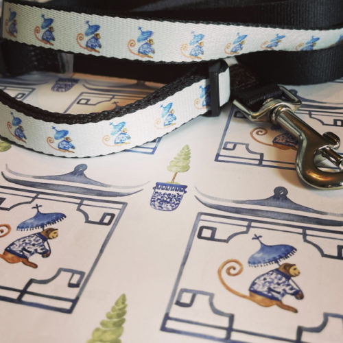 Chinoiserie monkeys holding parasol print wrapping paper and dog collar